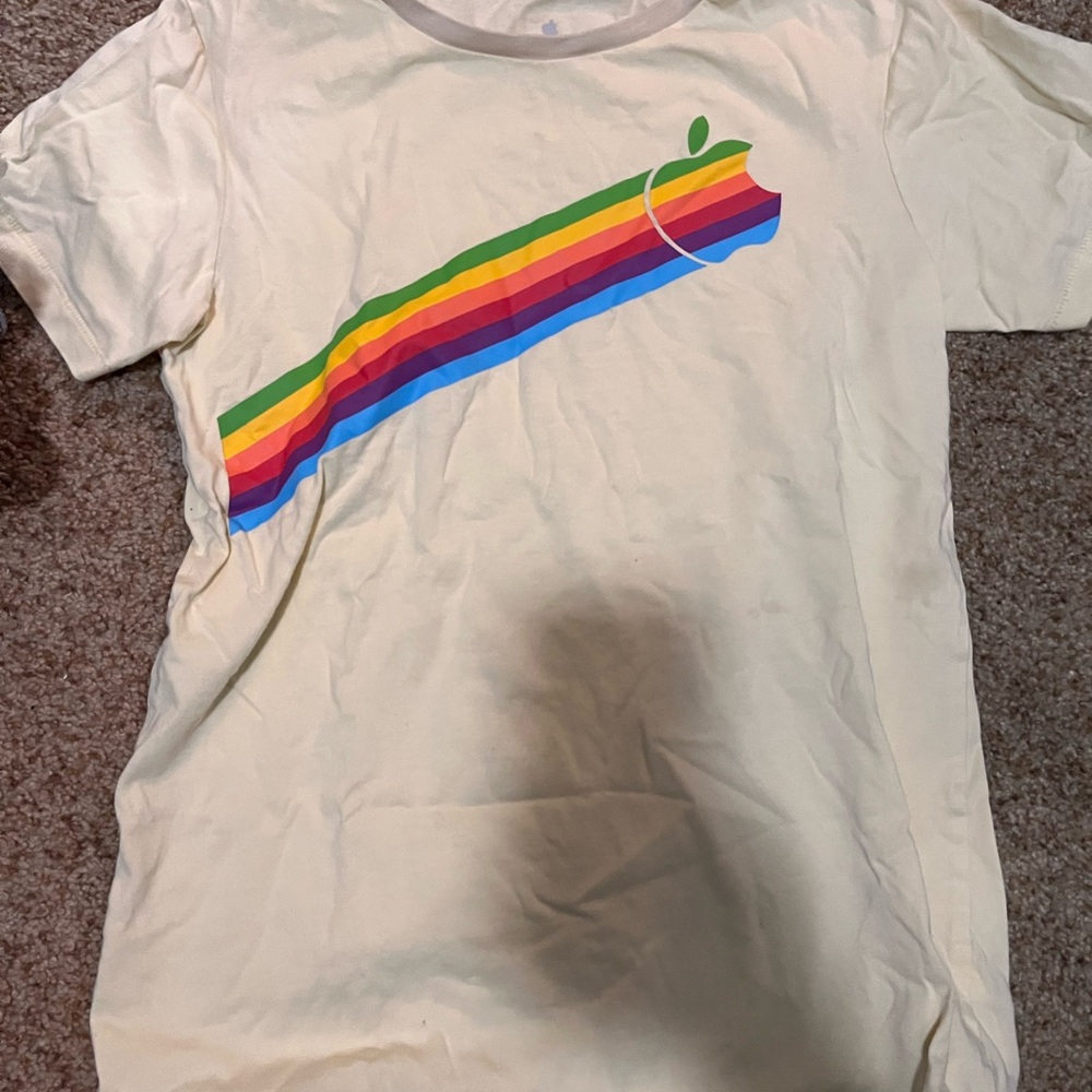 Yellow-Cream T-Shirt with Rainbow Apple logo from Apple campus in CA kids Large